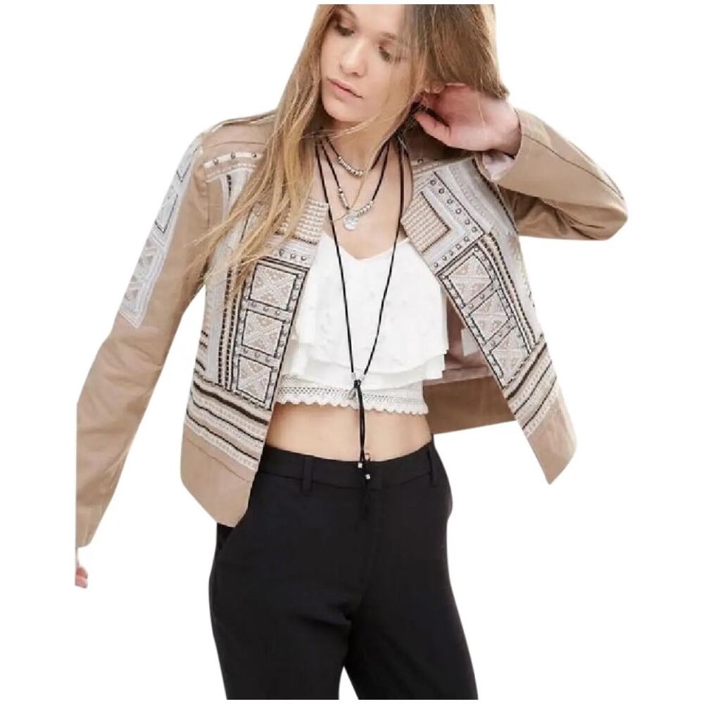 048 Moon River Embroidered Beige Jacket Small Boho Cropped Cotton $120 MSRP - Picture 2 of 8